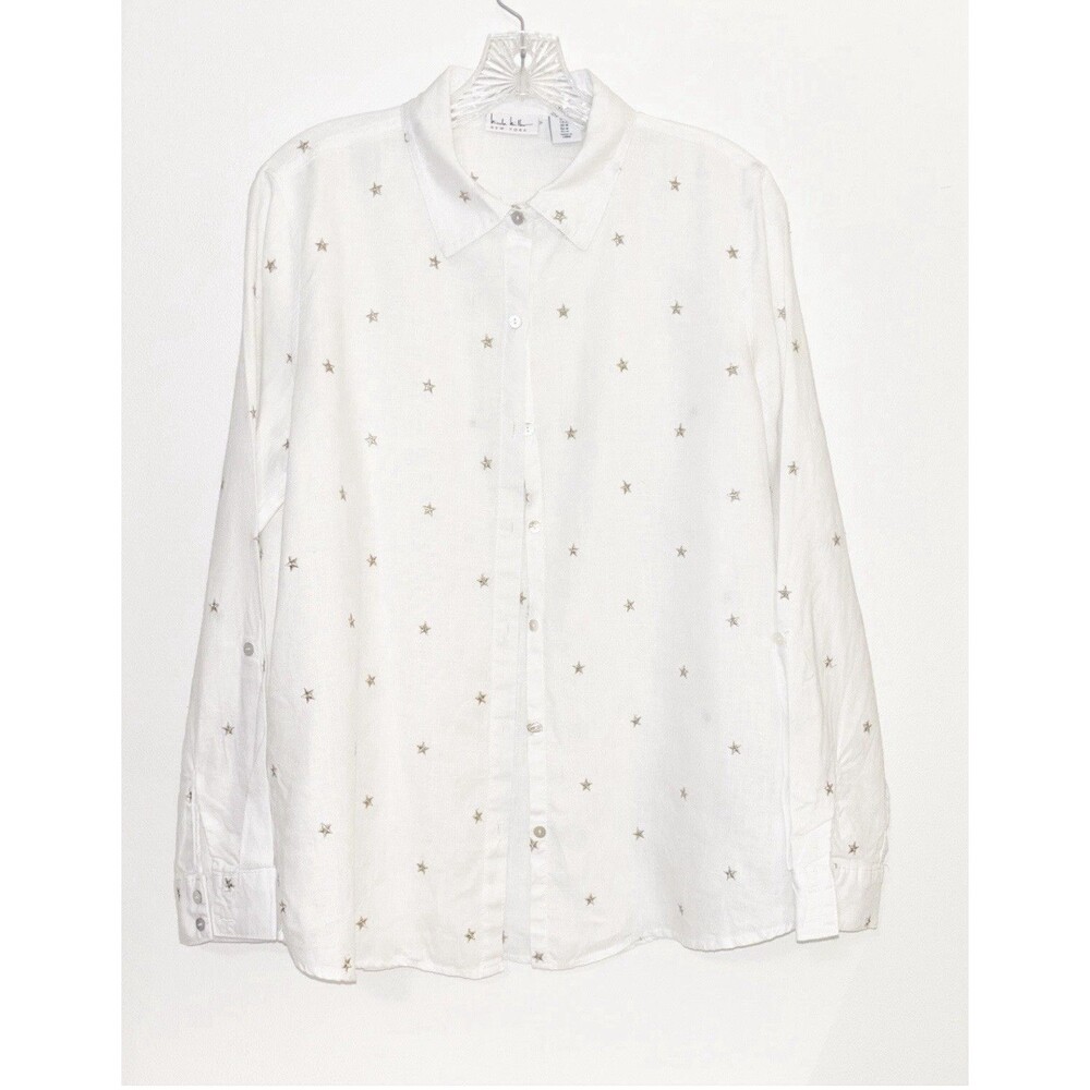 Nicole Miller White Linen Shirt Medium With Gold Stars